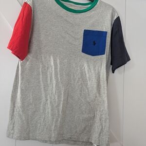 Polo by Ralph Lauren Gray Tee with Colorful Sleeves and Blue Pocket